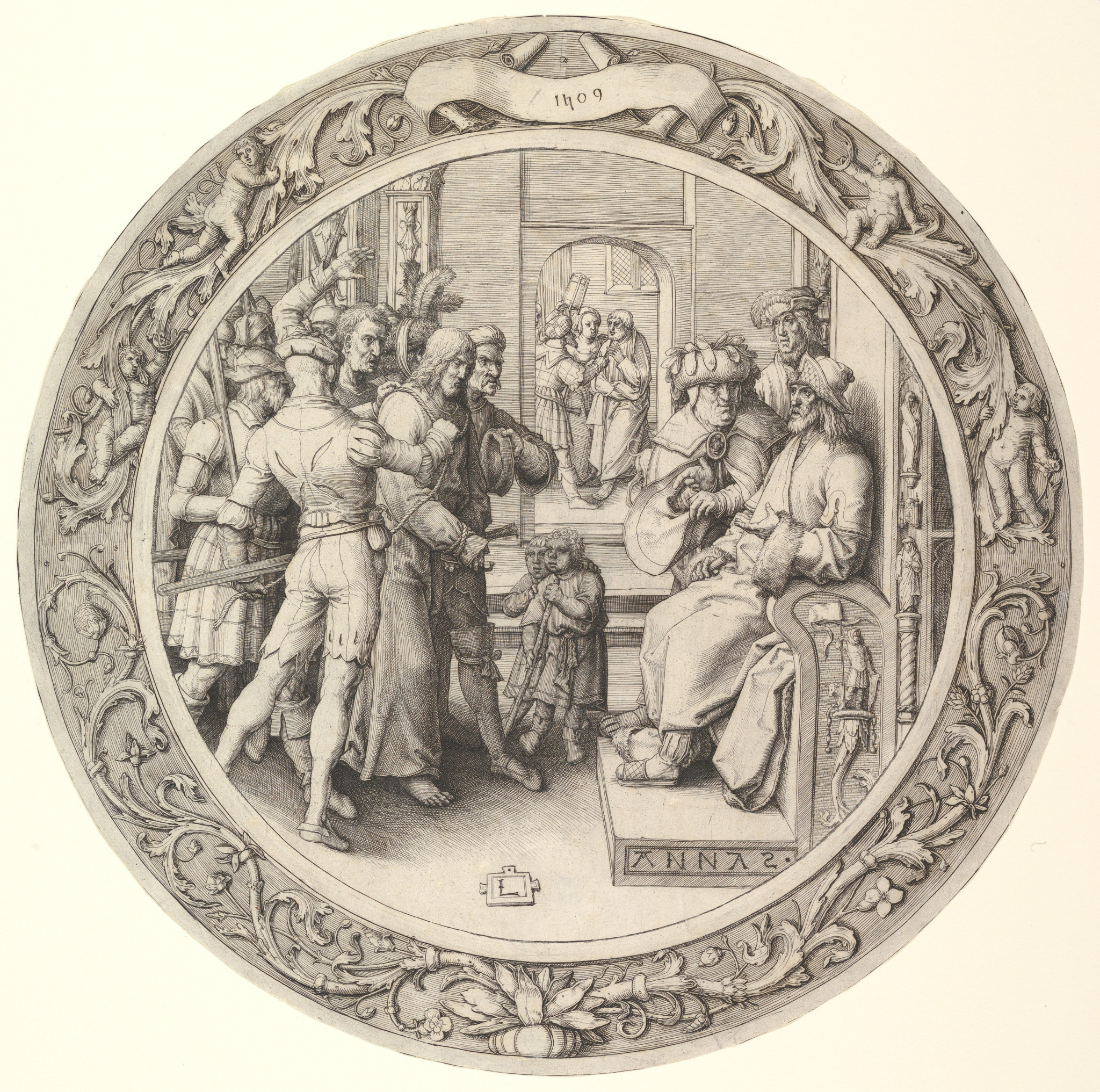 Jesus conduzido à presença de Anás, em gravura circular de Lucas van Leyden, 1509, com o nome do sumo sacerdote inscrito na obra.
