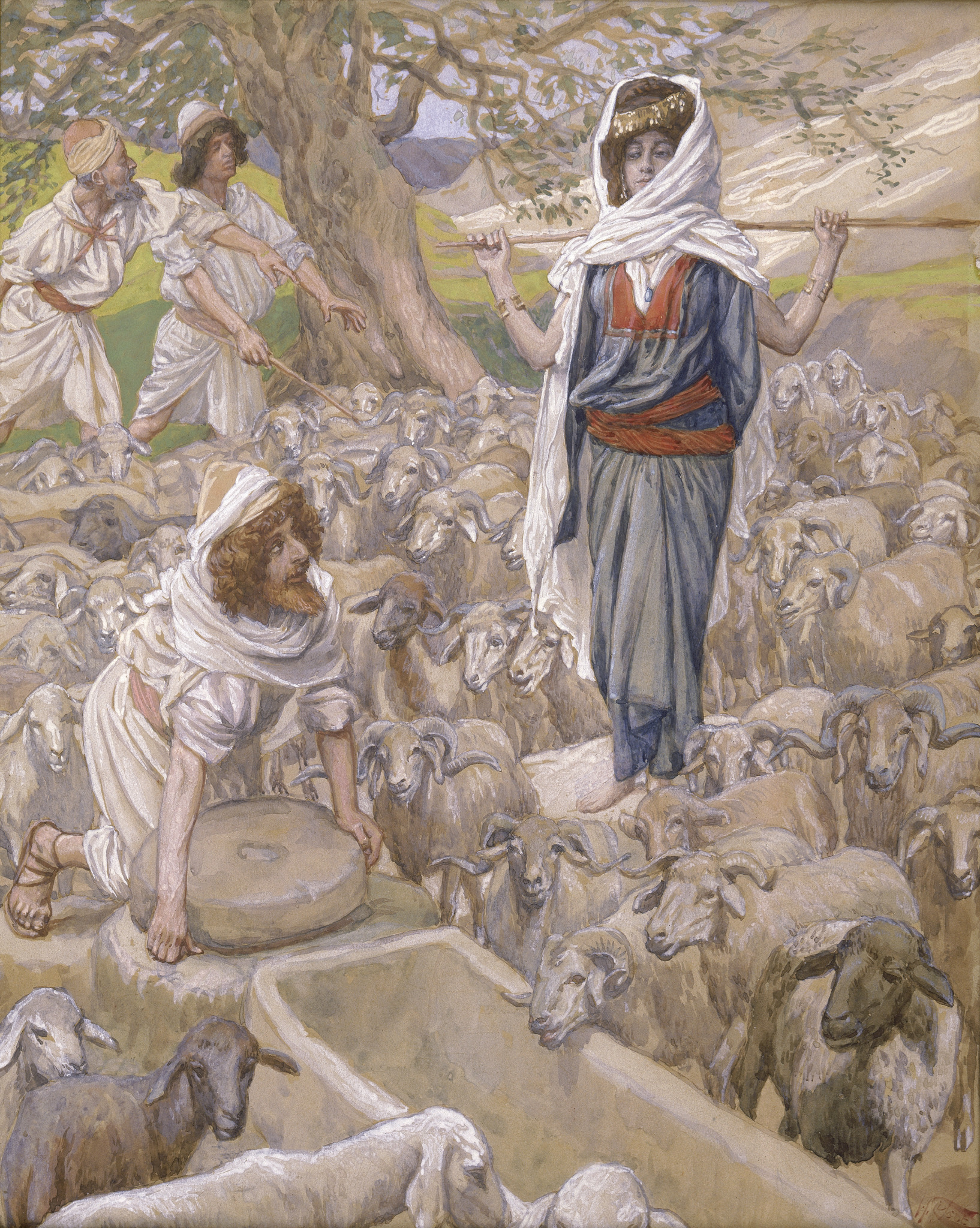 Jacó e Raquel junto ao poço, com o rebanho ao redor, em aquarela de James Tissot do final do século XIX.