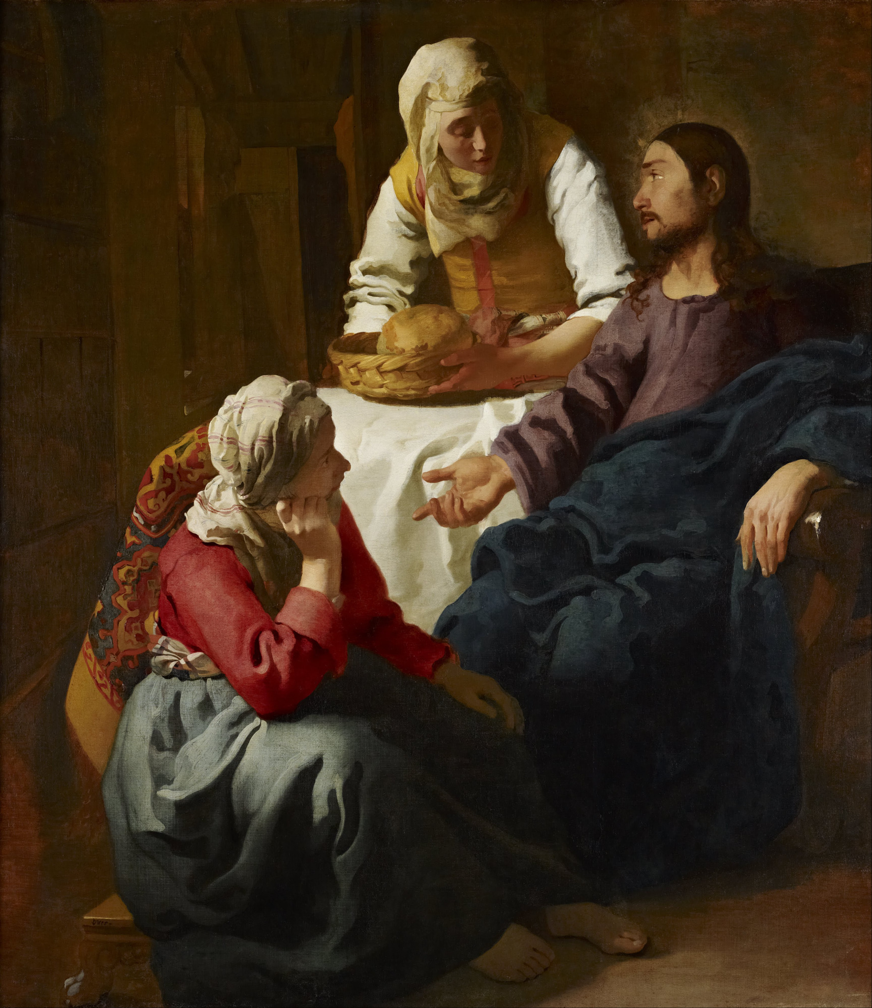 Marta serve pão a Jesus enquanto Maria o escuta, em pintura de Johannes Vermeer, século XVII.