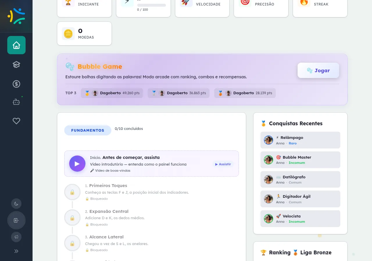 Página inicial pública do módulo de digitação com o bloco Fundamentos do mapa de níveis, o Bubble Game e as conquistas da comunidade