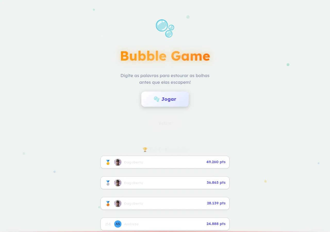 Tela inicial do modo arcade Bubble Game, com o botão Jogar e o placar dos melhores jogadores