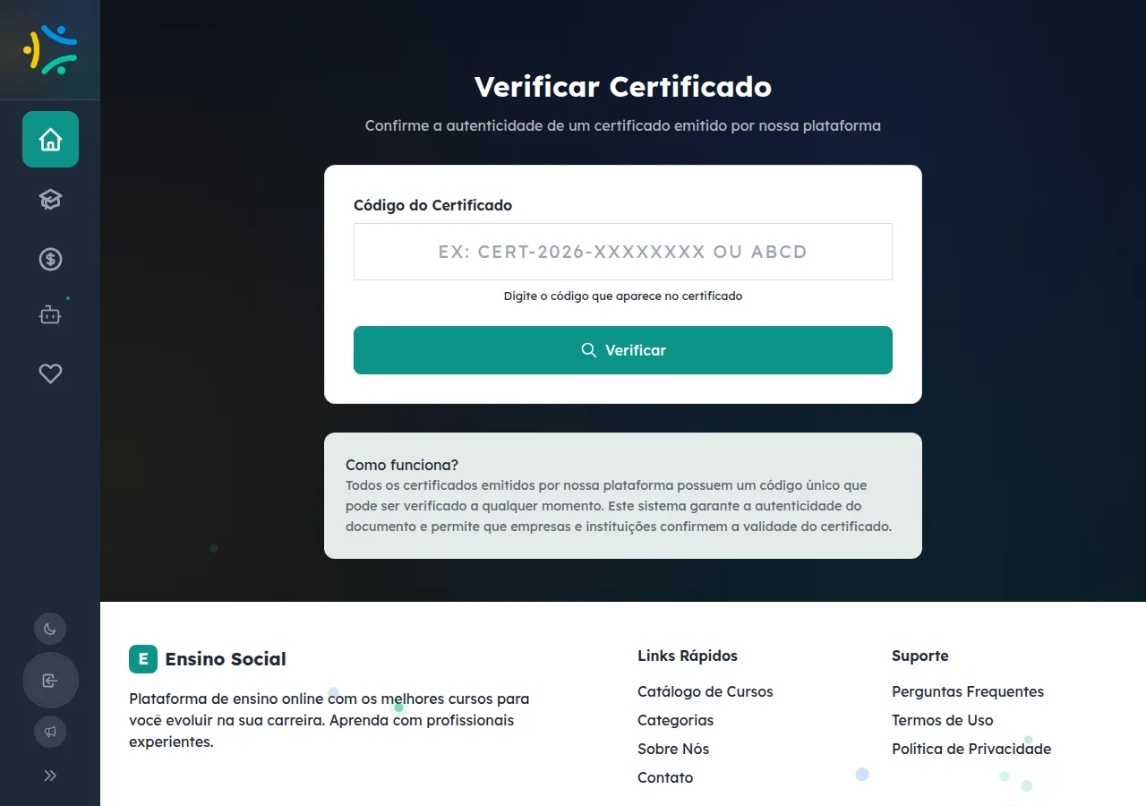 Página que exibe o modelo do certificado emitido pela plataforma EnsinoSocial