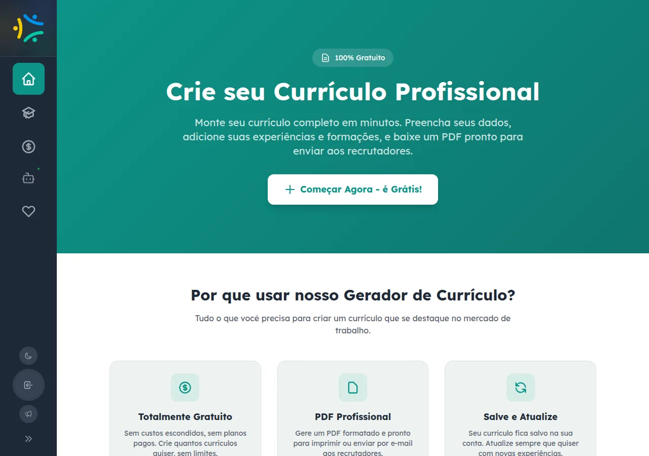 Página de apresentação do Gerador de Currículo com selo de gratuito e cards de vantagens