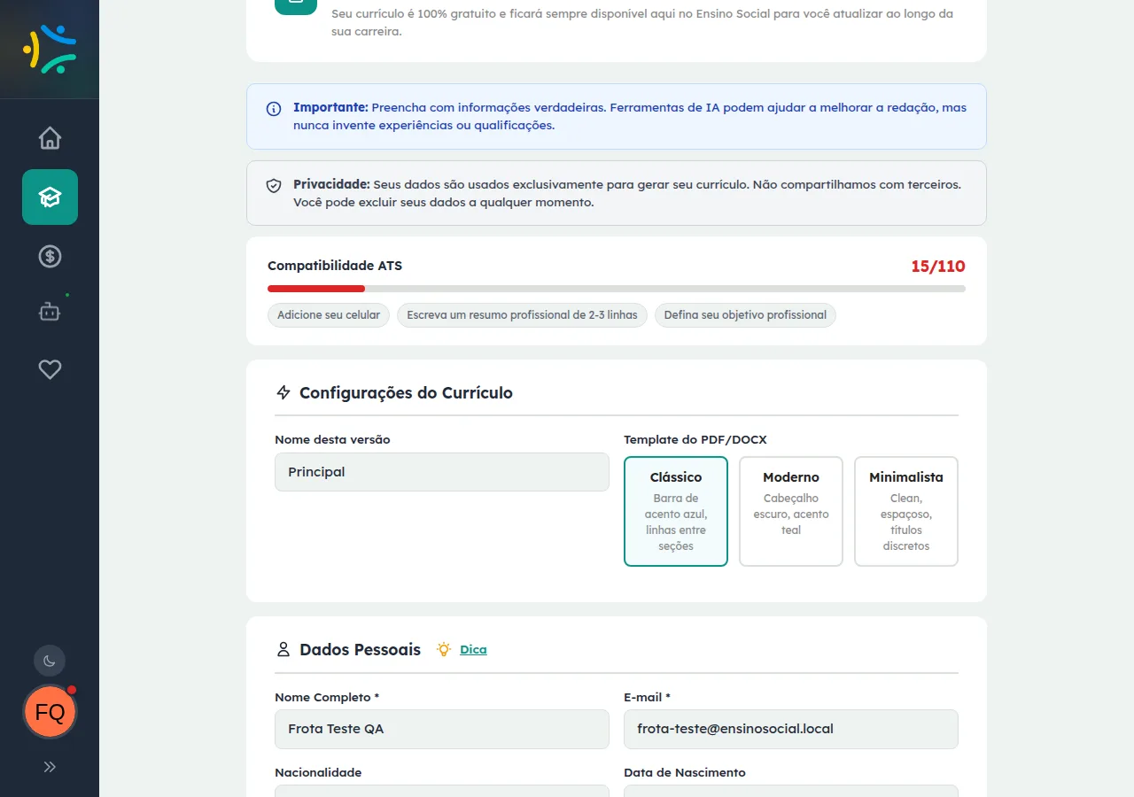 Seção de configuração do currículo onde o usuário nomeia a versão e escolhe o modelo de layout
