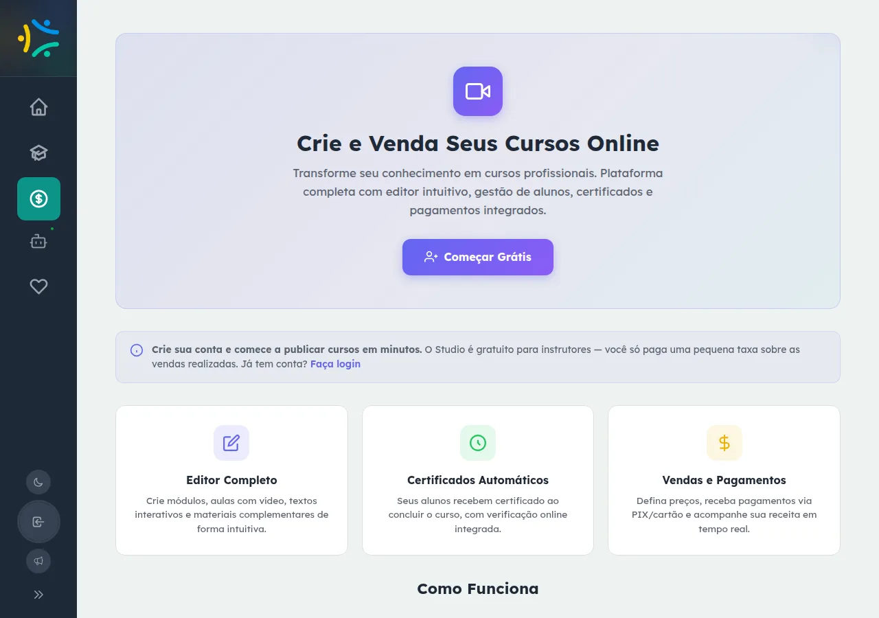 Página inicial do Studio do EnsinoSocial com a proposta de criar e vender cursos online e a seção Como Funciona.
