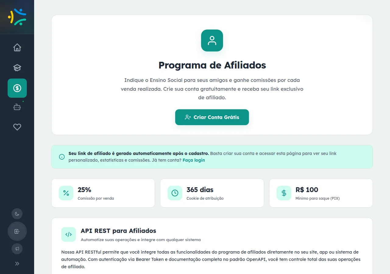 Landing pública do Programa de Afiliados com as condições de comissão, cookie e saque