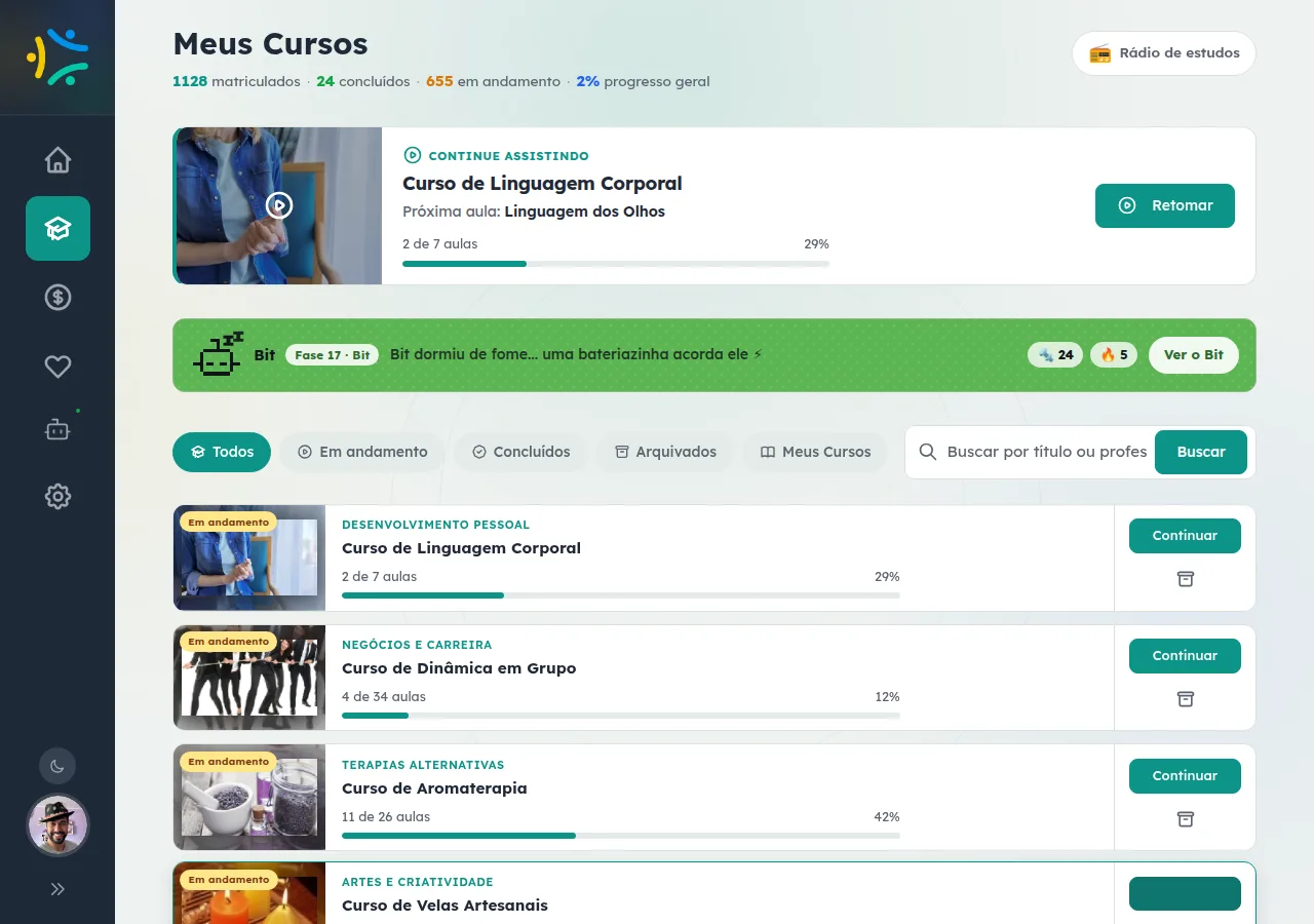 Página 'Meus Cursos' com contadores de cursos matriculados, concluídos e em andamento, o progresso geral, o bloco 'Continue assistindo' com um curso e botão Retomar, e a grade de cursos com barras de progresso.