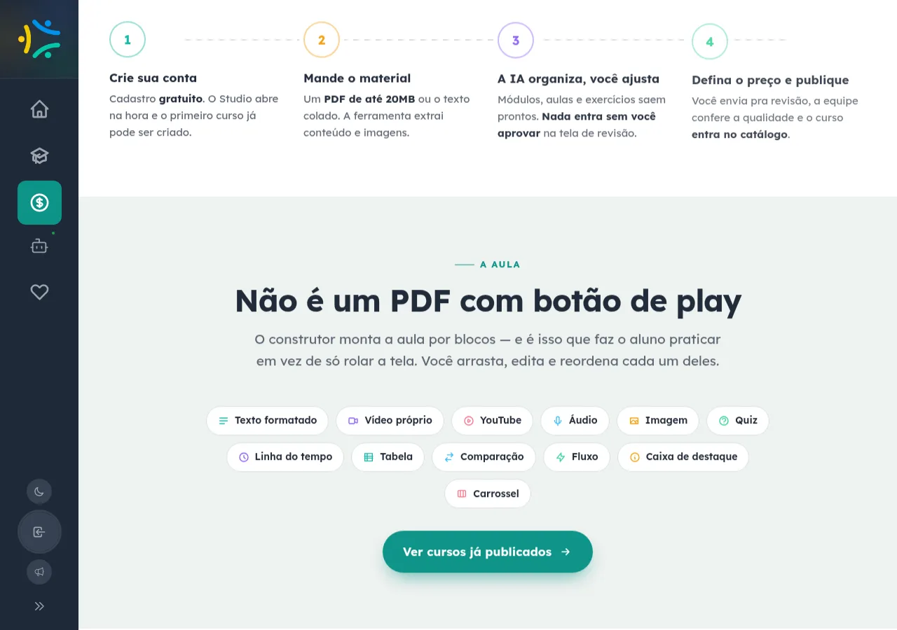 Seção Não é um PDF com botão de play da página do Studio, com chips dos tipos de bloco: texto formatado, vídeo próprio, YouTube, áudio, imagem, quiz, linha do tempo, tabela, comparação, fluxo, caixa de destaque e carrossel.