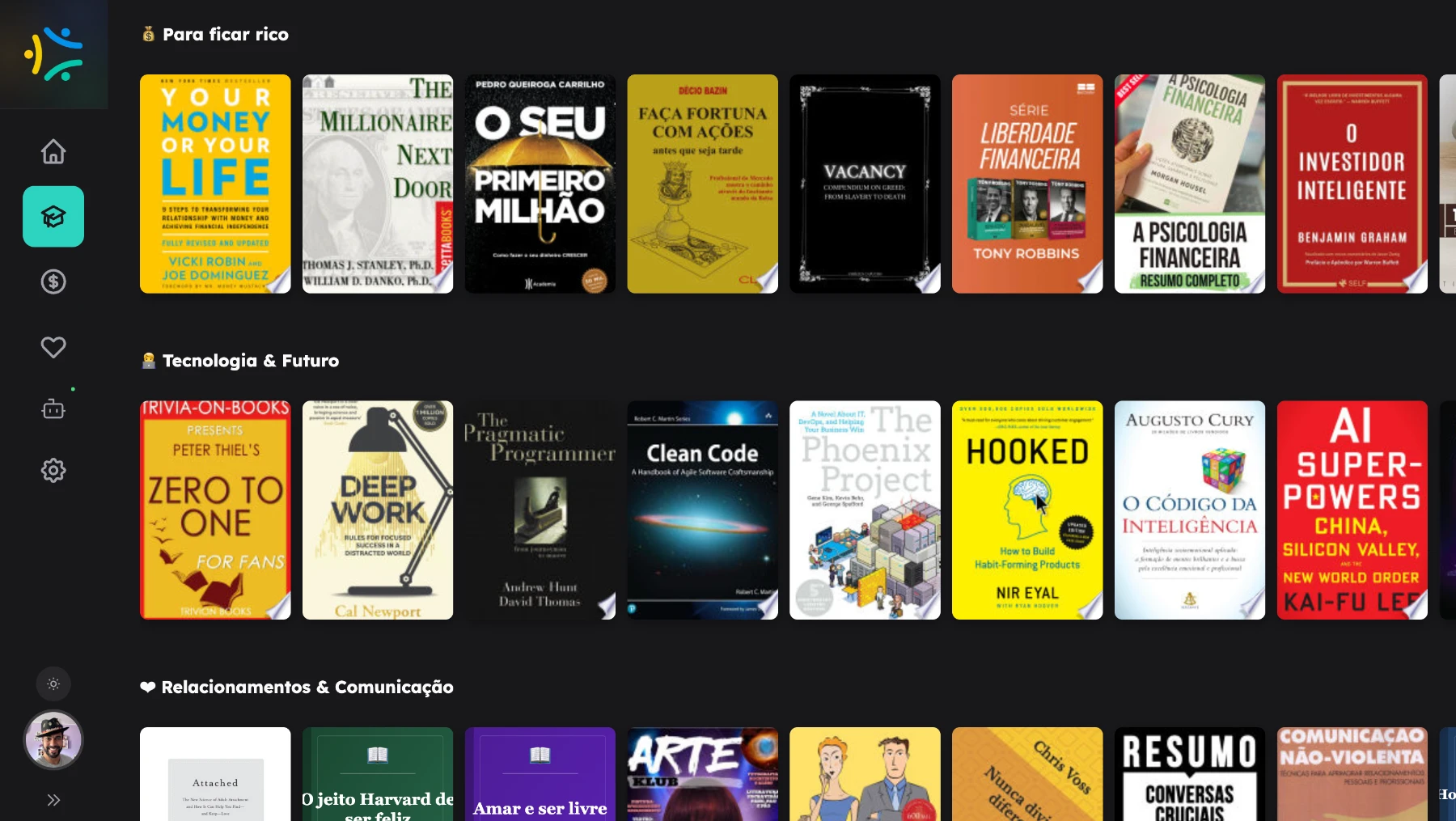 Catálogo do Projeto Apoio ao Livro exibindo carrosseis de capas organizados por categoria: 'Para ficar rico' com O Investidor Inteligente e A Psicologia do Dinheiro, 'Tecnologia e Futuro' com Clean Code, Deep Work e AI Superpowers, e início da faixa 'Relacionamentos e Comunicação'.