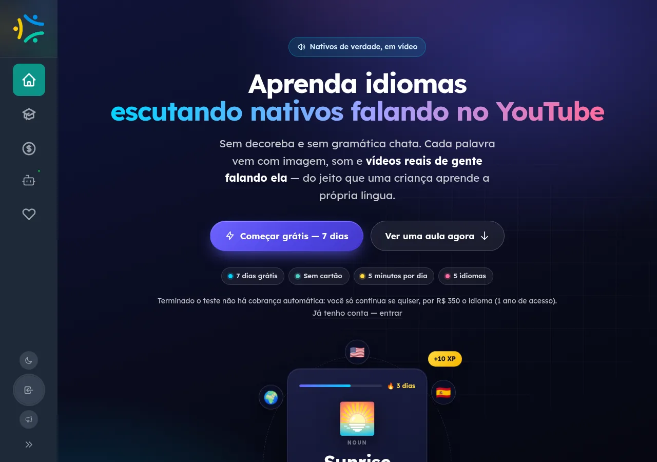 Landing do módulo de Idiomas do EnsinoSocial apresentando o método imersivo e o teste grátis de 7 dias.