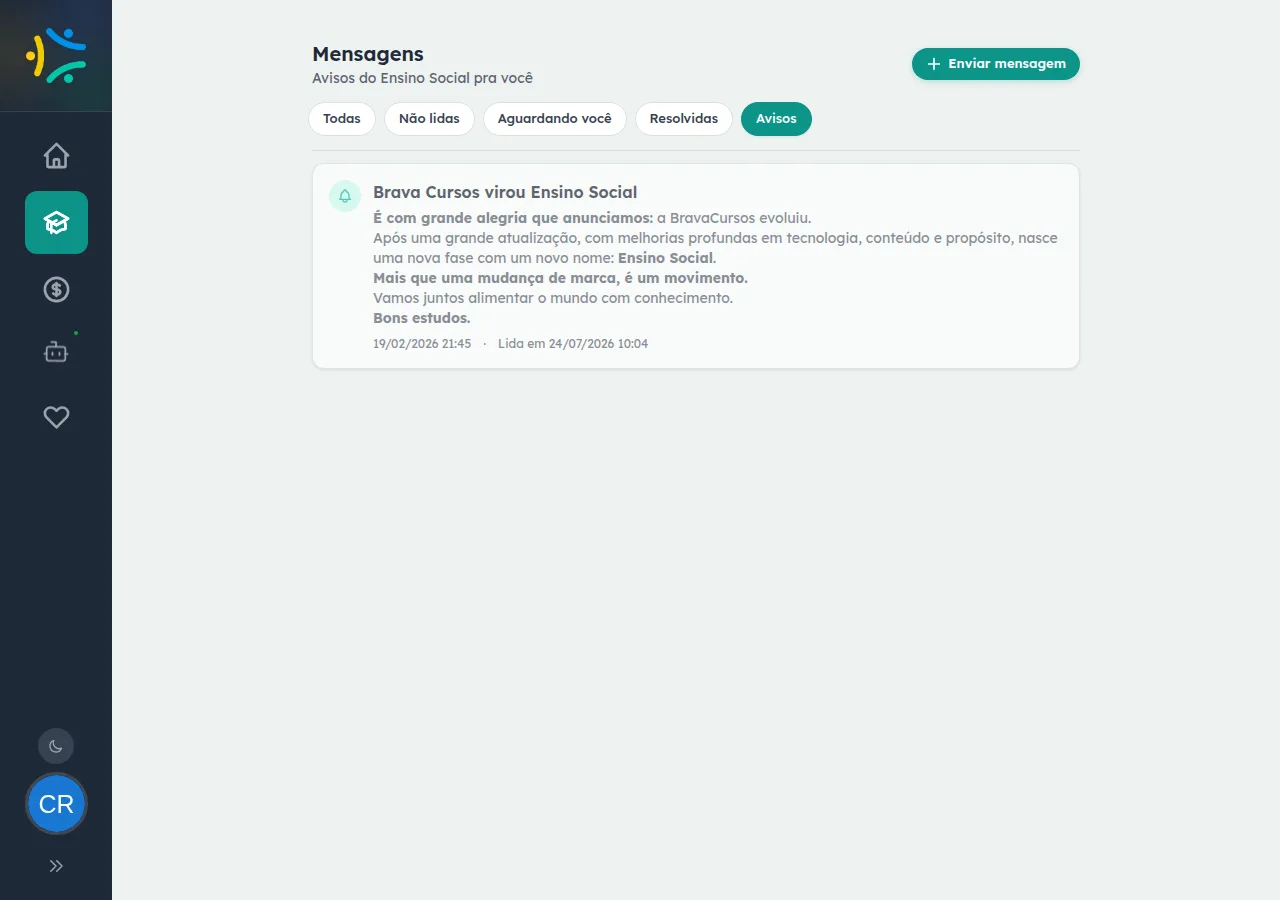 Aba Avisos aberta no painel do aluno, com a lista de comunicados mostrando títulos, tipos coloridos e datas, e a barra de filtros no topo com a pilula Avisos ativa.