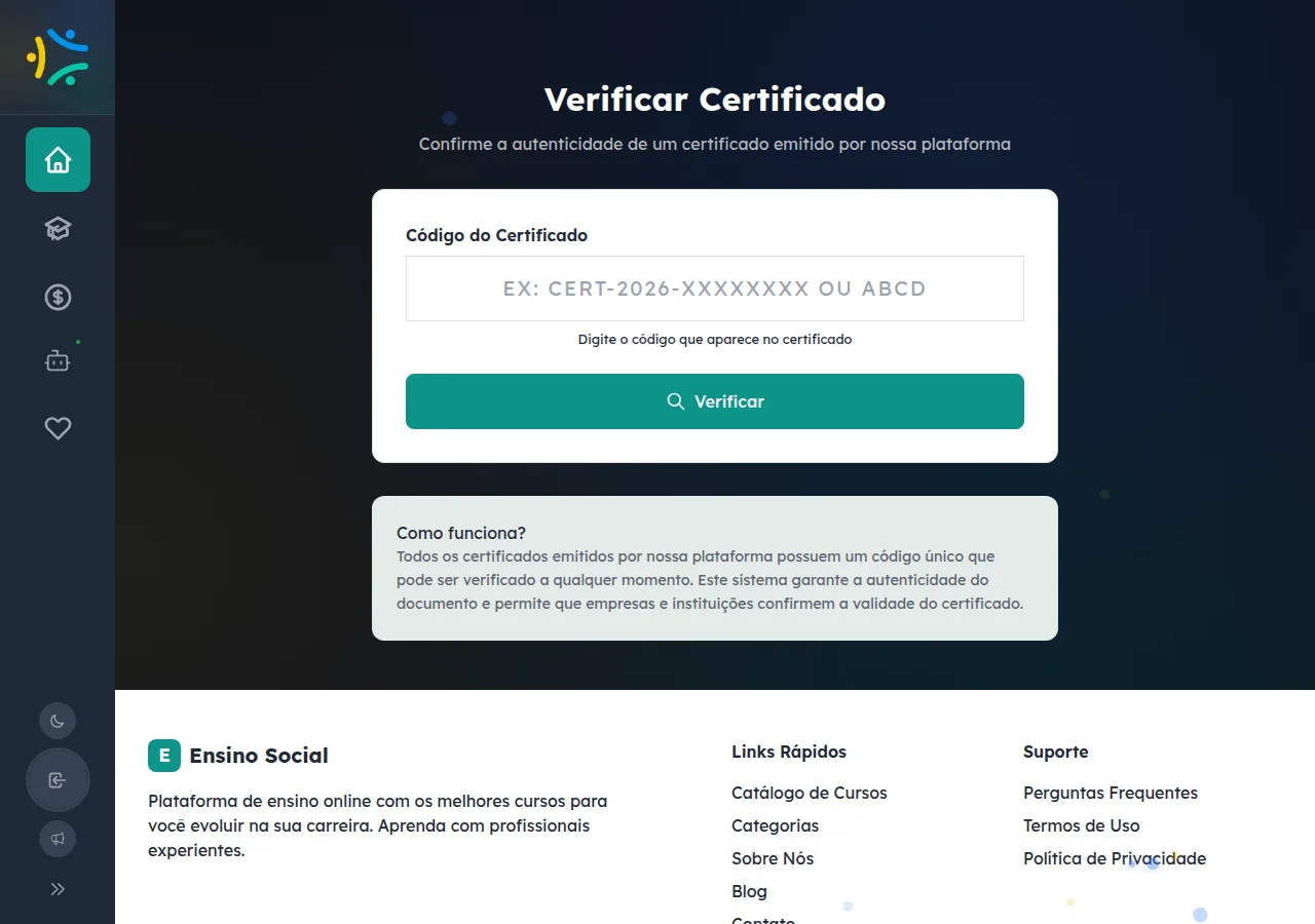 Página pública de verificação de certificado do EnsinoSocial, com campo para digitar o código.