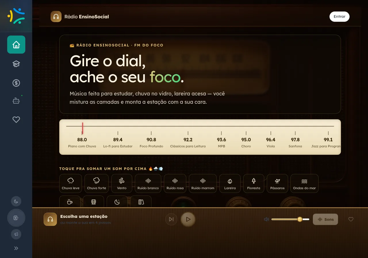 Página da Rádio EnsinoSocial com o dial de estações, a fileira de sons de ambiente e o player.