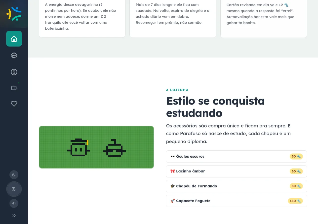 Seção da Lojinha do Bit com acessórios e seus preços em Parafusos, ao lado das perguntas frequentes