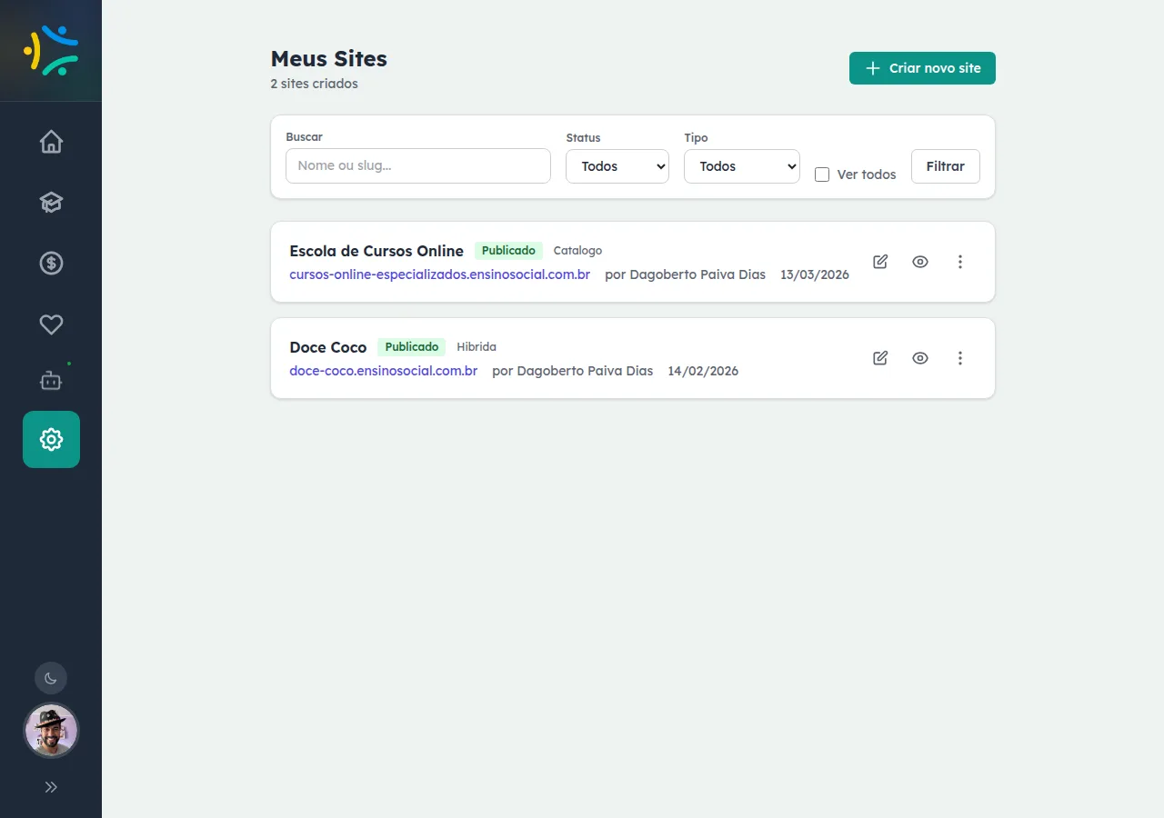 Painel Meus Sites com a lista de landpages criadas, status Rascunho ou Publicado, tipo e filtros