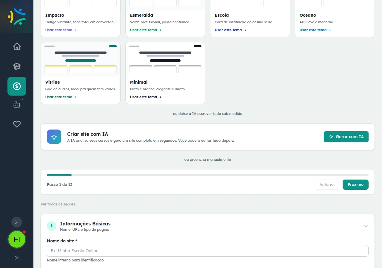 Tela do construtor de sites com temas prontos, opção de criar site com IA e formulário de informações básicas