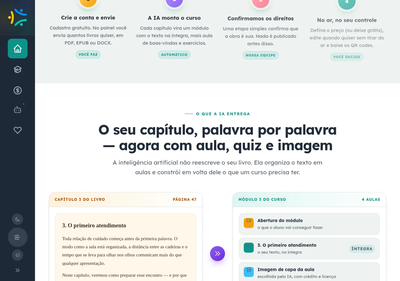 Comparação lado a lado: à esquerda o Capítulo 3 do livro; à direita o módulo gerado com as aulas 'Abertura do módulo', 'O primeiro atendimento' e o quiz de cada aula.
