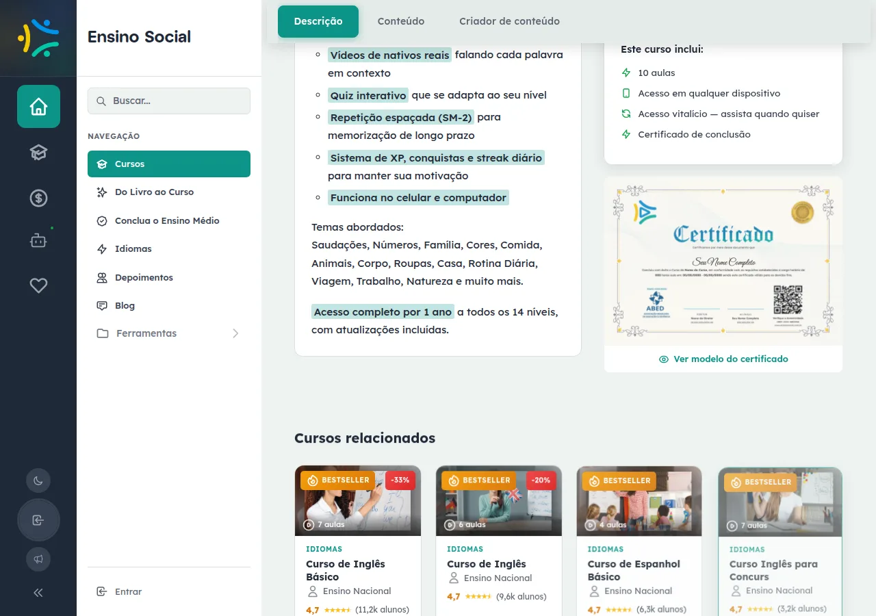 Página de venda de um curso na plataforma, com a aba Descrição, a lista de recursos da aula e o modelo de certificado de conclusão à direita.