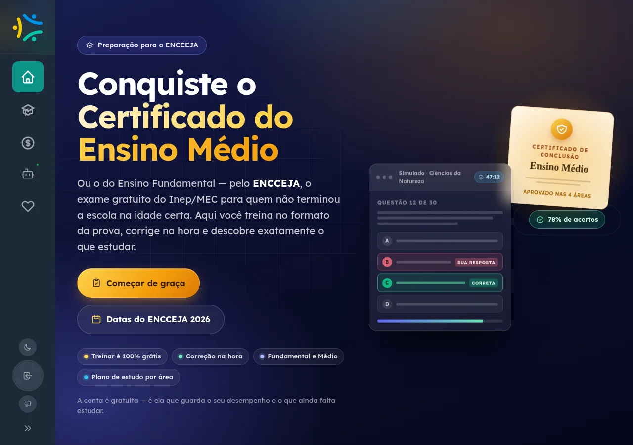 Página inicial do preparatório ENCCEJA apresentando simulados no formato da prova, correção e desempenho por área