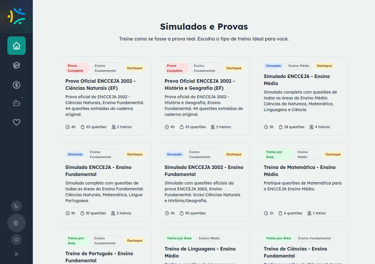 Lista de simulados e provas do ENCCEJA em cards por tipo de treino e nível, com duração e número de questões
