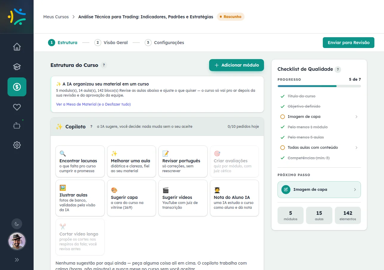 Aba Estrutura do curso 'Análise Técnica para Trading: Indicadores, Padrões e Estratégias' com badge Rascunho. Banner central informa que a IA organizou o material em 5 módulos, 14 aulas e 142 blocos. Painel Copiloto à direita lista 8 ações: Encontrar lacunas, Melhorar uma aula, Revisar português, Cr