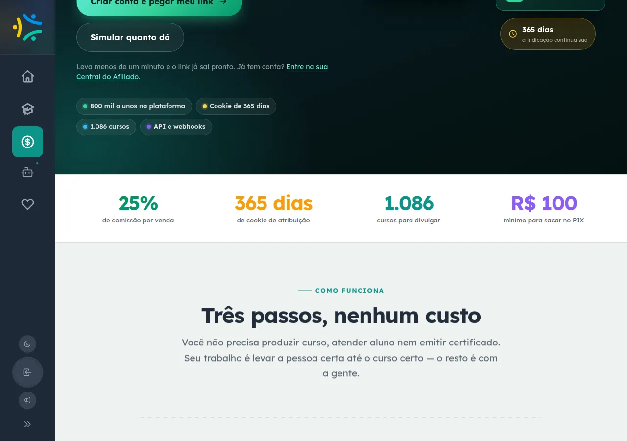 Seção da página do Programa de Afiliados com quatro indicadores em destaque: comissão por venda, 365 dias de cookie de atribuição, cursos para divulgar e valor mínimo para sacar no Pix, além dos botões para criar conta e simular ganhos.