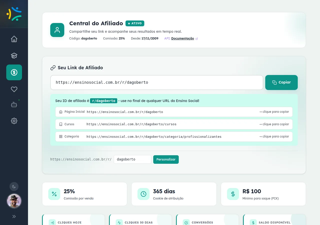 Central do Afiliado com status ativo, o link de afiliado com botão de copiar e três exemplos do mesmo código levando à página inicial, à página de cursos e a uma categoria do catálogo.