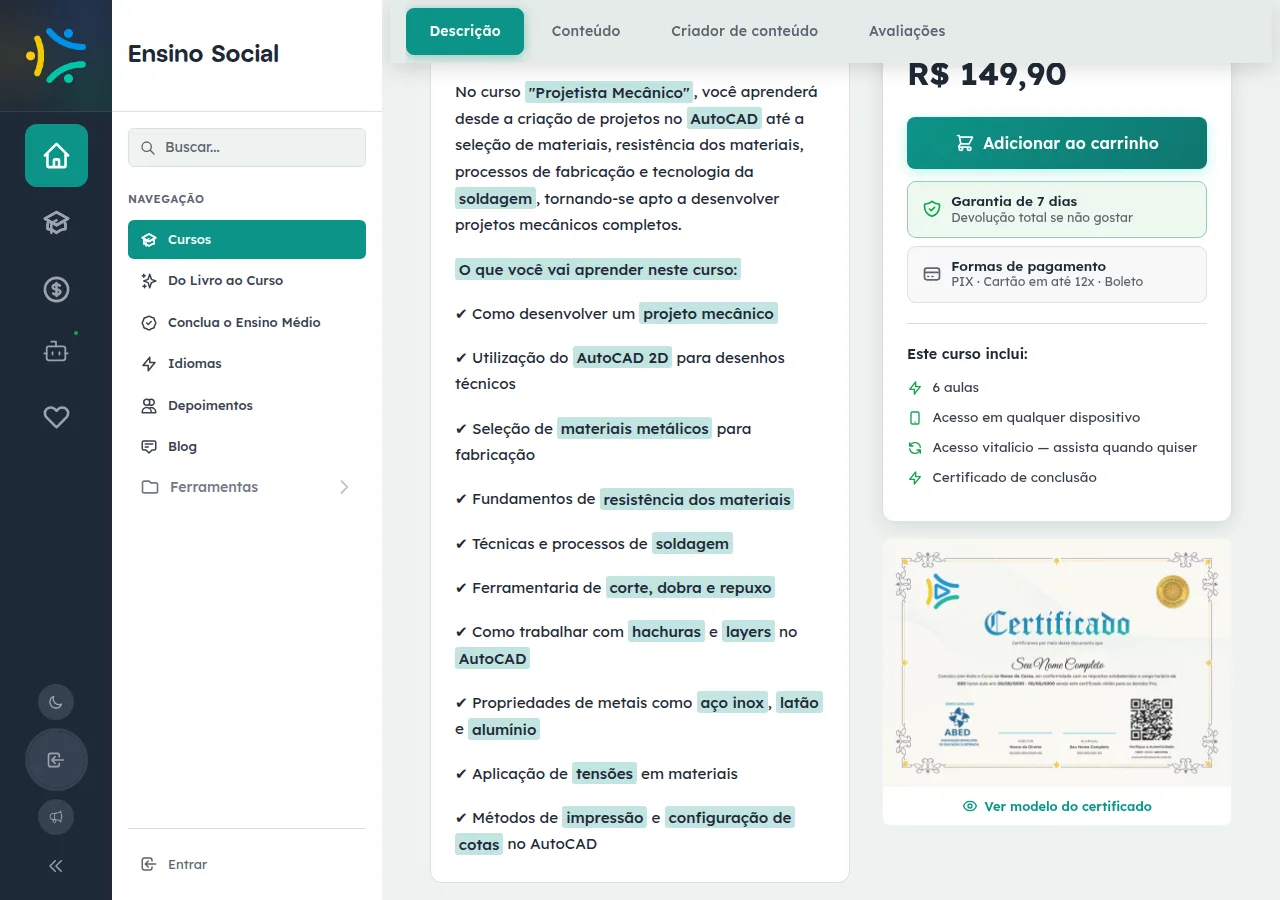 Página do Curso de Projetista Mecânico no EnsinoSocial, com título, nota, número de alunos, instrutor e o card lateral com acesso vitalício e certificado.