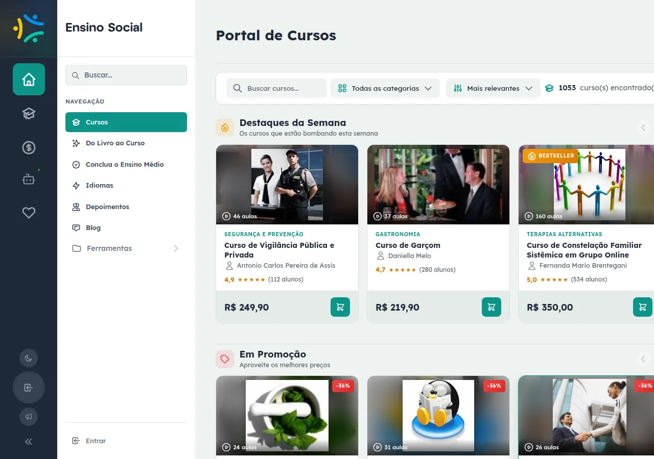 Catálogo de cursos do EnsinoSocial (Portal de Cursos) com a grade de cursos, campo de busca e filtro por categoria
