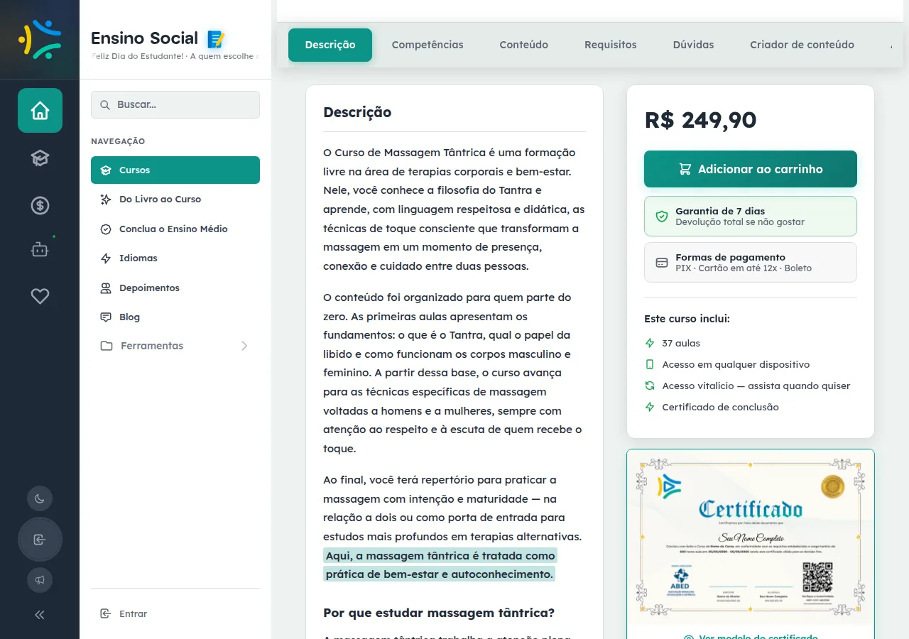 Página pública do curso de massagem tântrica com título, abas de navegação e o card 'Este curso inclui:' mostrando certificado de conclusão e acesso vitalício.