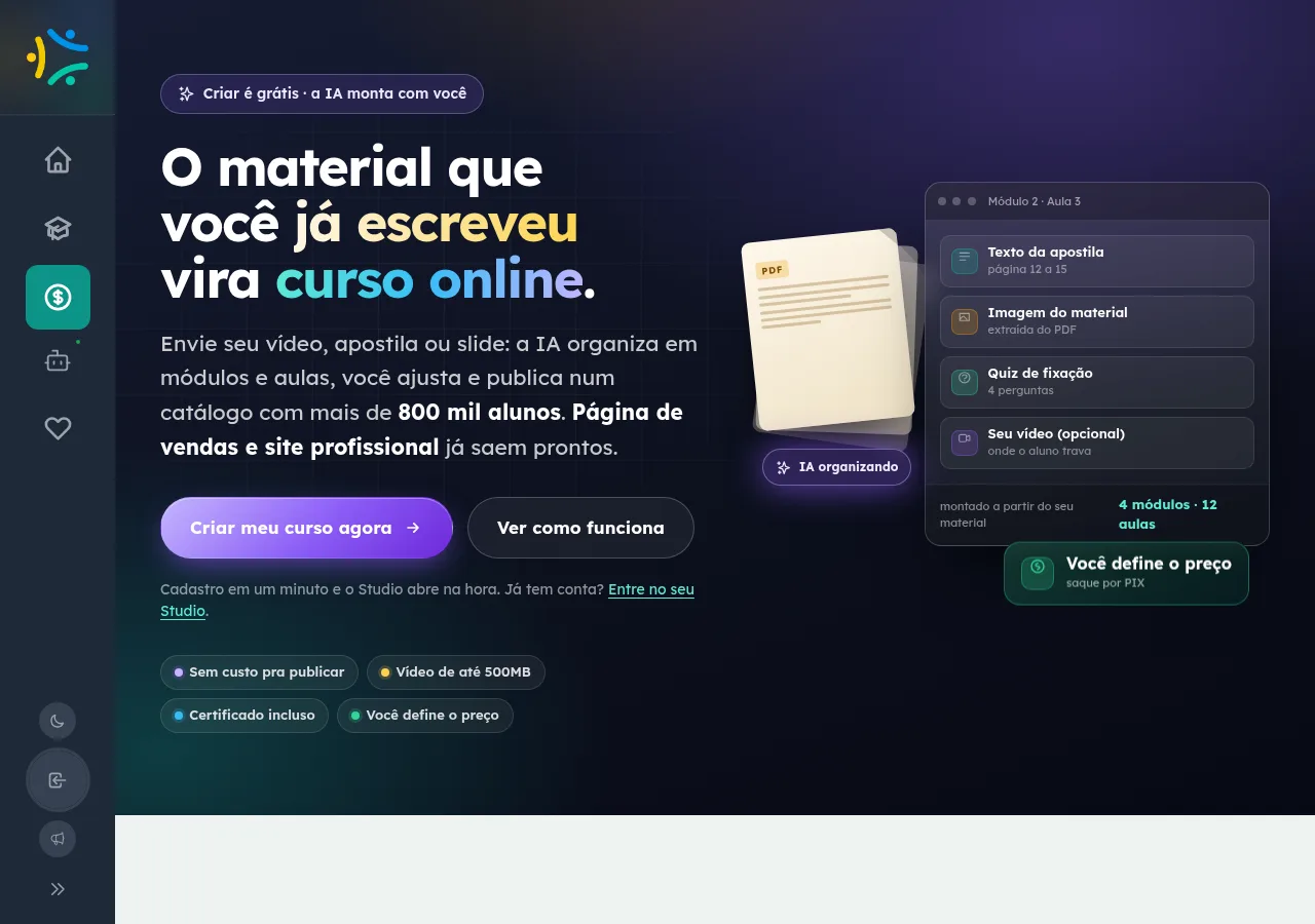 Landing do Studio do EnsinoSocial com o convite de transformar o material ja escrito em curso online e os quatro passos