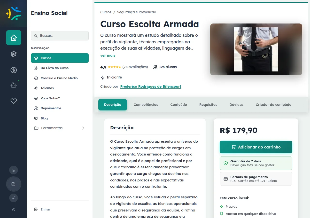 Página do curso Escolta Armada no EnsinoSocial mostrando título, parágrafo introdutório sobre o perfil do vigilante e botão verde 'Adicionar ao carrinho' na barra lateral.