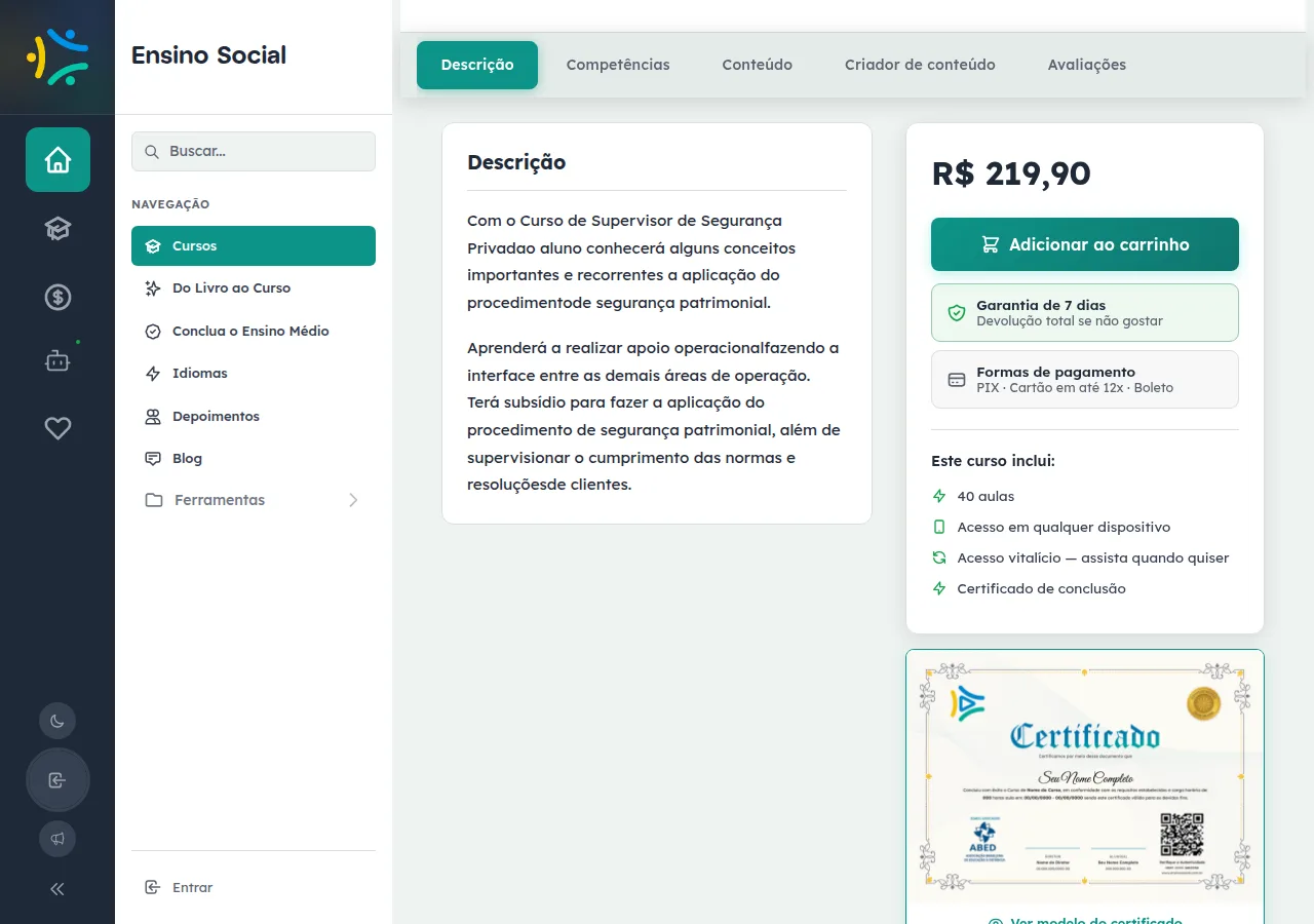Página pública do curso de supervisor de segurança privada, com a descrição da função e a opção de matrícula