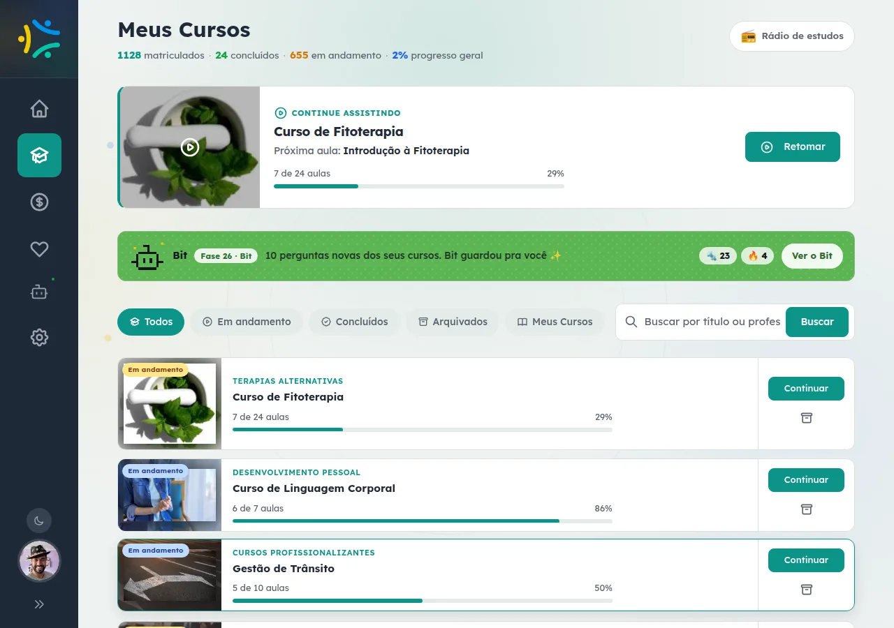 Painel 'Meus Cursos' exibindo 64 cursos em andamento e 3% de progresso geral. Destaque 'Continue Assistindo' aponta o curso de Fitoterapia com 29% concluído e botão 'Retomar'. Lista abaixo mostra Fitoterapia (29%), Linguagem Corporal (34%) e Gestão de Tributos (50%) com barras de progresso preenchid