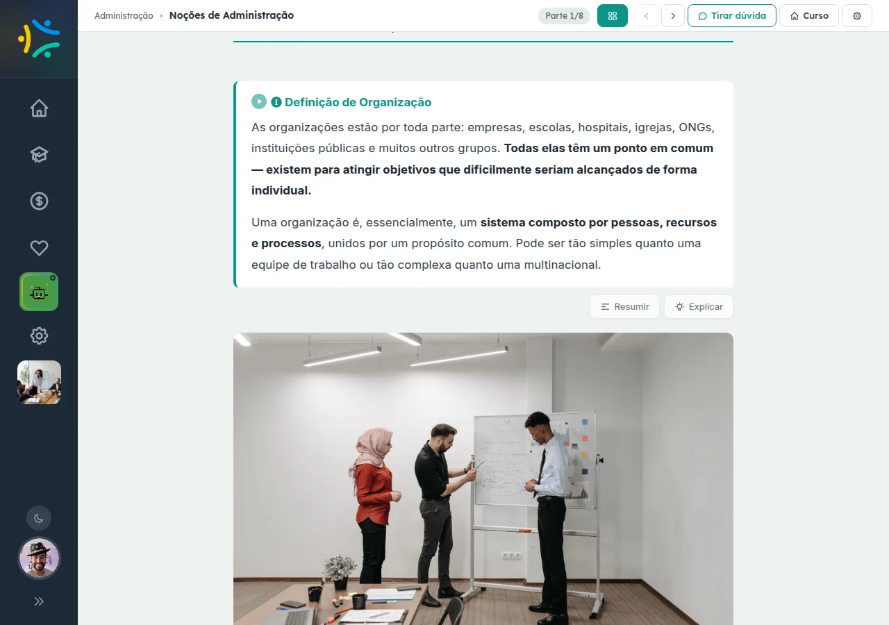 Aula aberta com a barra de inteligência artificial 'Resumir' e 'Explicar' junto à área de conteúdo
