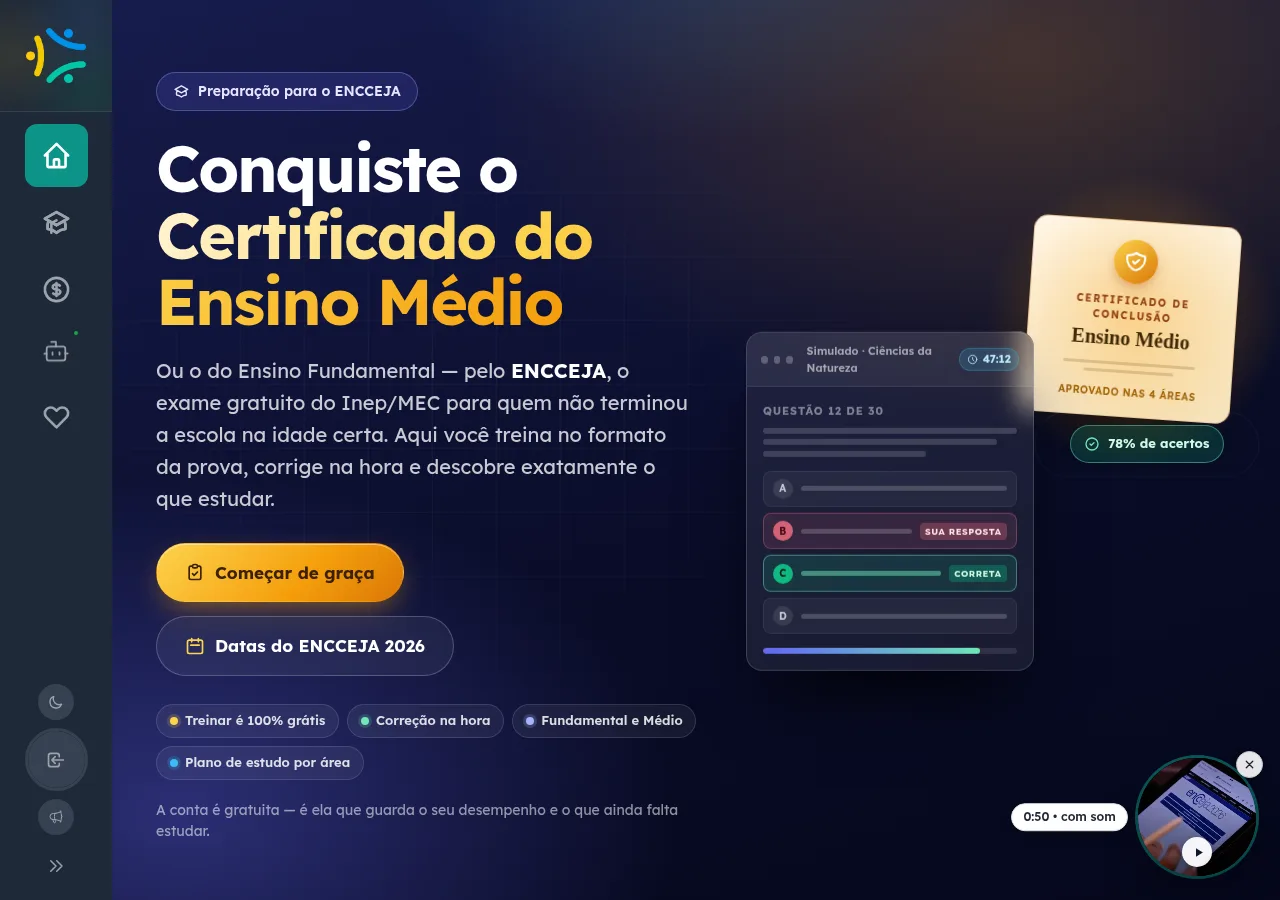Landing pública do ENCCEJA no EnsinoSocial com a chamada do certificado do Ensino Médio e uma questão de exemplo