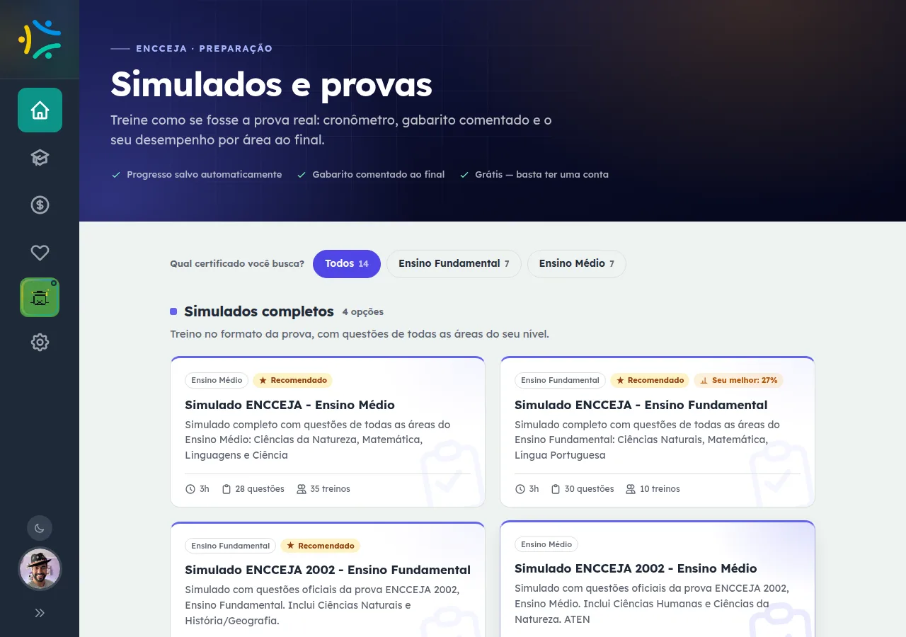 Área de simulados do ENCCEJA com conta logada, mostrando provas completas, treinos por área e provas oficiais para praticar