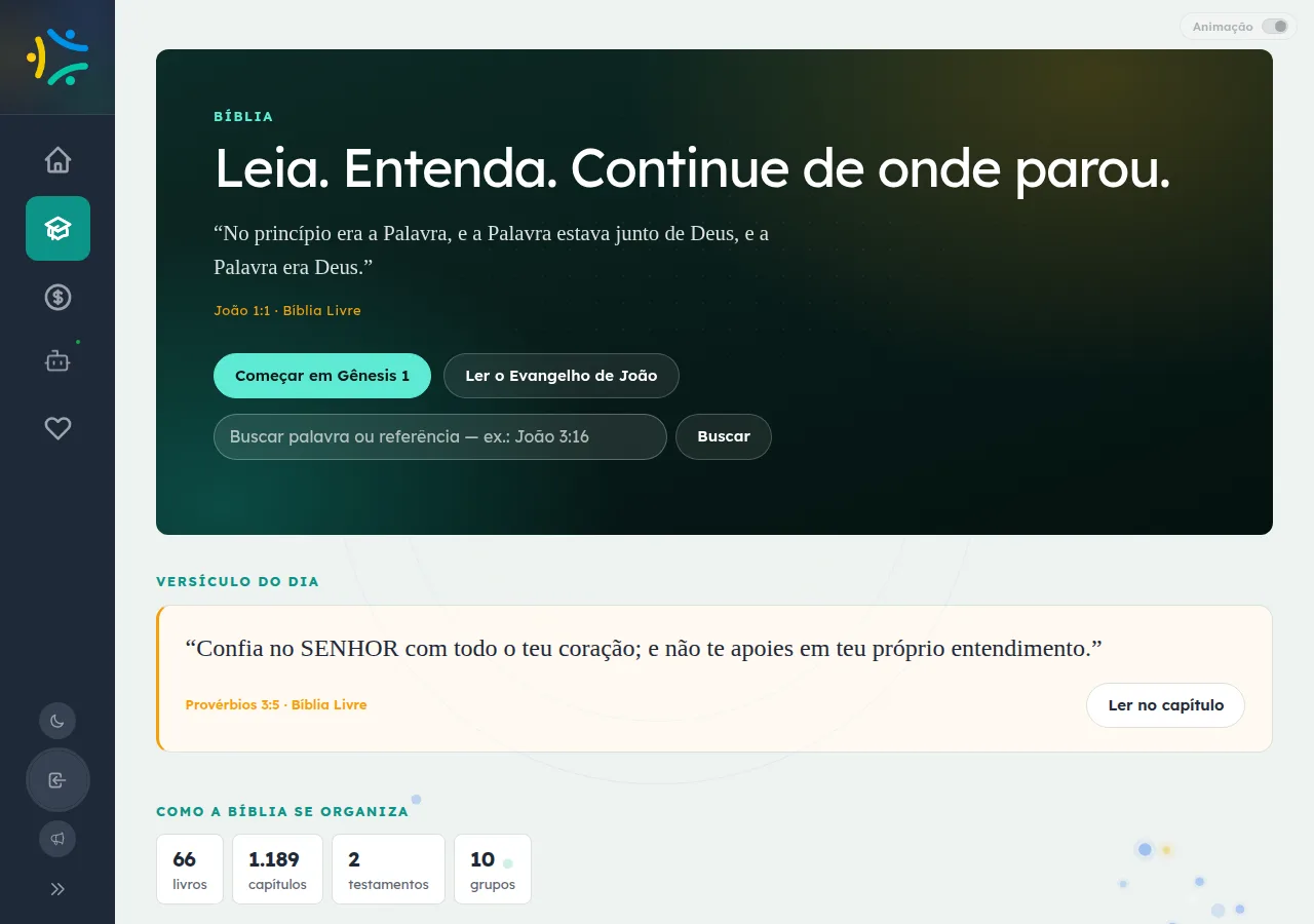 Página de entrada da seção Bíblia, com versículo do dia e a explicação de como a Bíblia se organiza