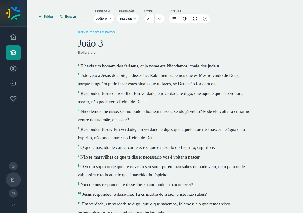 Leitor da Bíblia aberto no capítulo 3 de João, com a barra de leitura e o texto, funcionando sem login