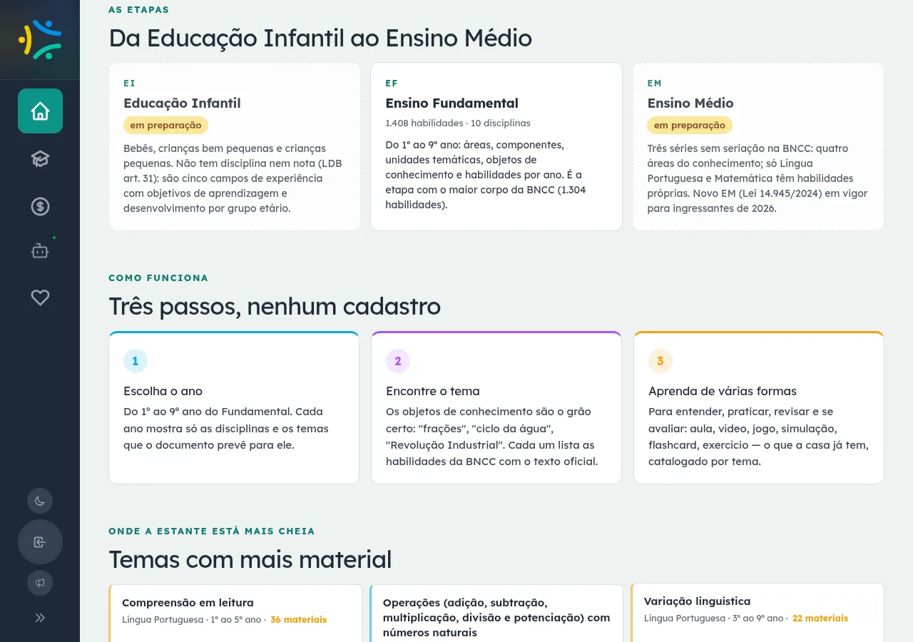 Página inicial da Escola do EnsinoSocial, com escolha por ano e por disciplina e a contagem de habilidades, temas, disciplinas e materiais.