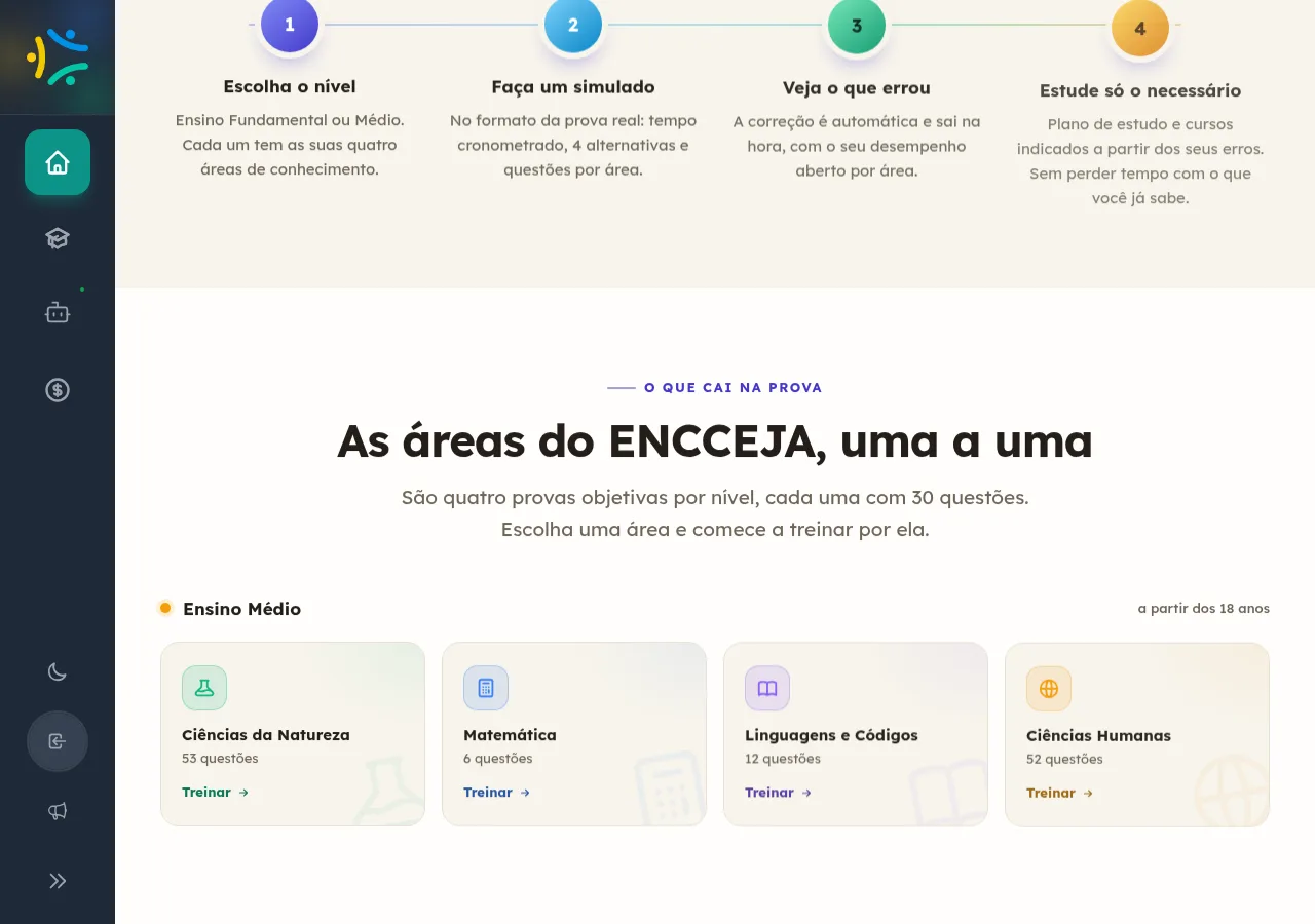 Landing do preparatório ENCCEJA com as quatro áreas de conhecimento, simulados, correção automática e plano de estudo por área
