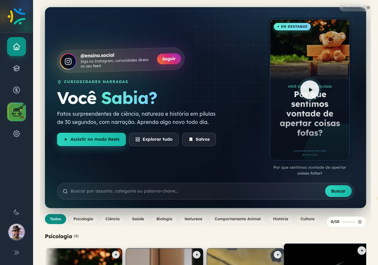Página Você sabia? com o usuário logado e o acompanhamento de progresso do dia.