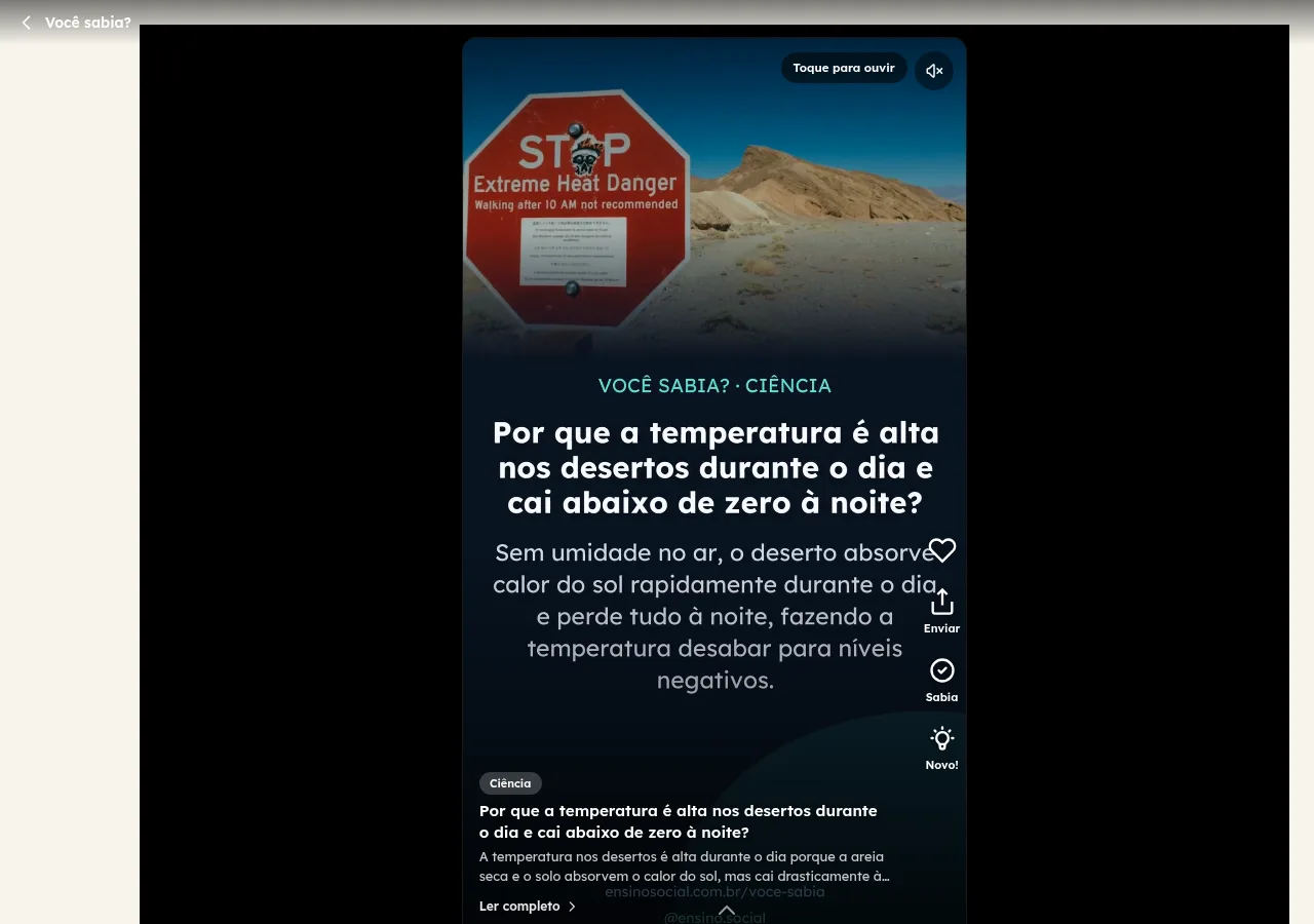 Modo contínuo do Você sabia?, com um card de curiosidade por tela em rolagem vertical.