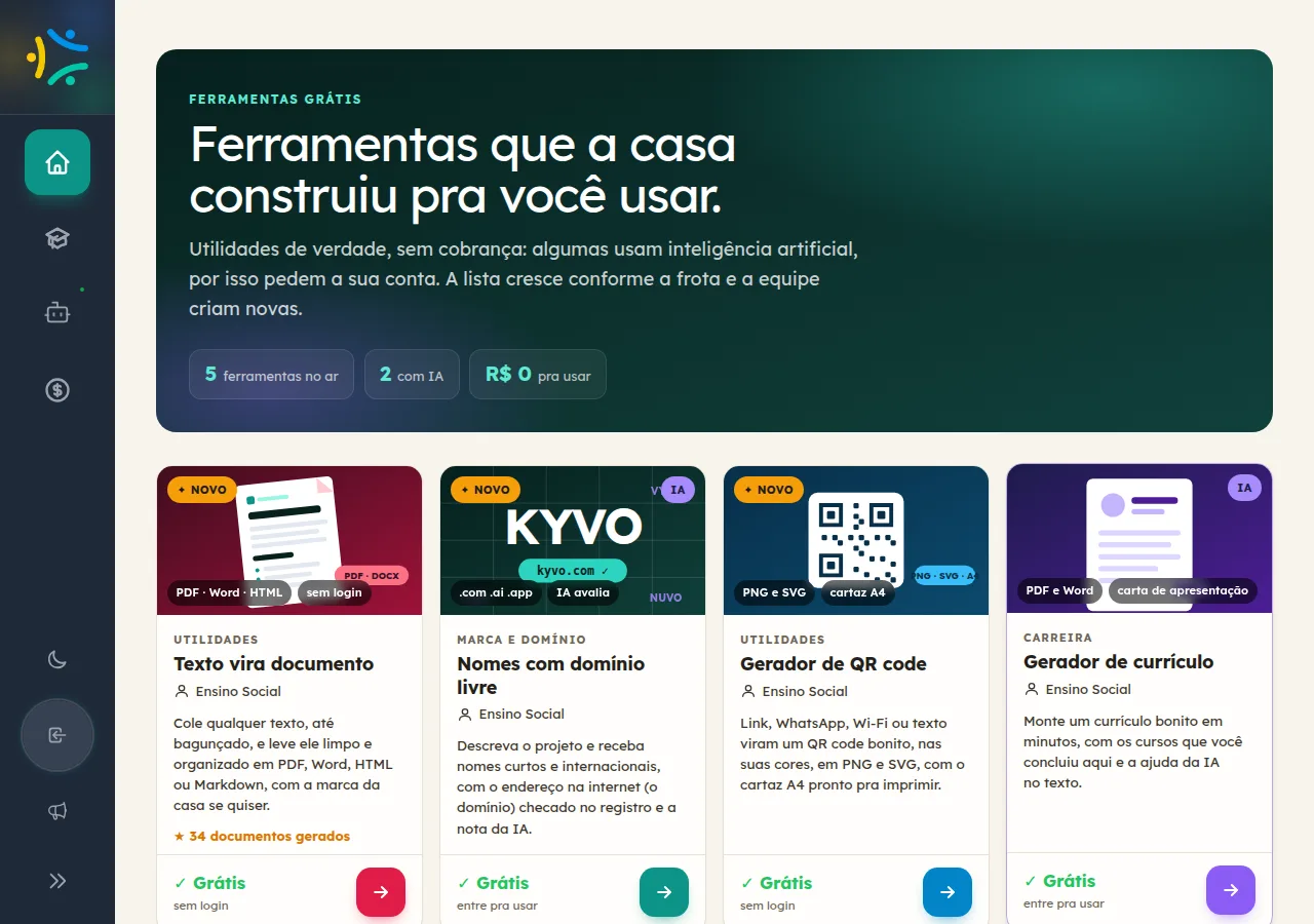 Vitrine de ferramentas gratuitas do Ensino Social, com o card Texto vira documento entre as opções.