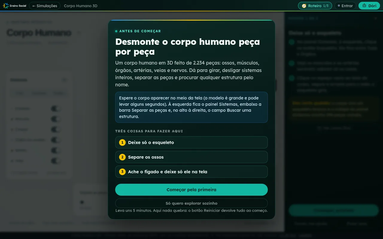 Cartão ANTES DE COMEÇAR do Corpo Humano 3D com as três missões do roteiro listadas