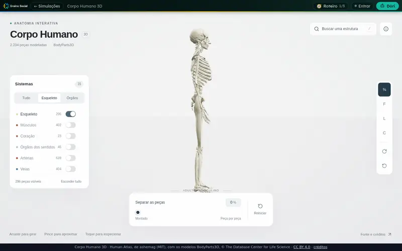 Ossos do Corpo Humano 3D se afastando uns dos outros conforme a barra Separar as peças sobe
