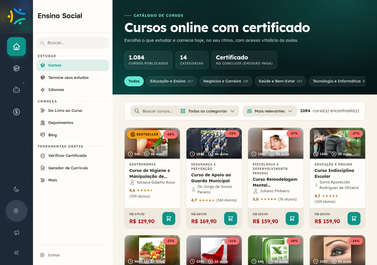 Topo do catálogo de cursos do Ensino Social com campo de busca, seletor de categoria, menu de ordenação e contador de cursos encontrados.