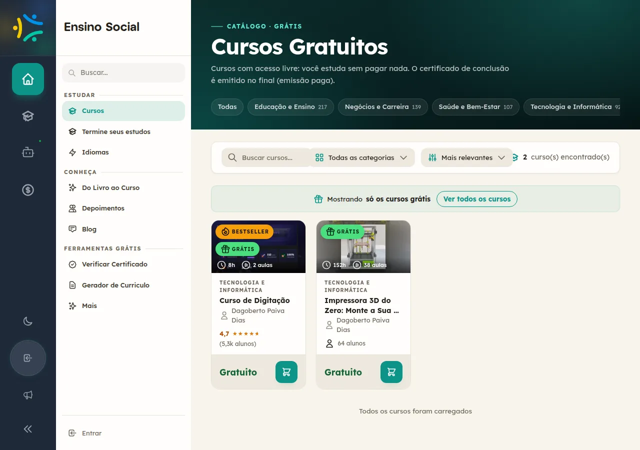 Vista de cursos gratuitos do catálogo, com o aviso de que mostra só os cursos grátis e o atalho para ver todos os cursos.
