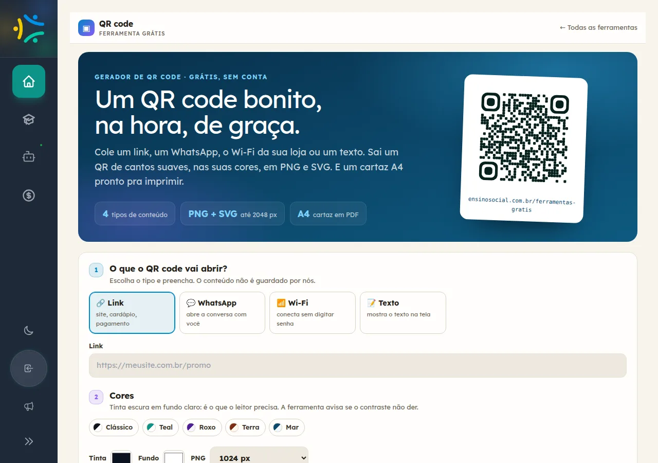 Tela do gerador de QR code gratuito do Ensino Social.
