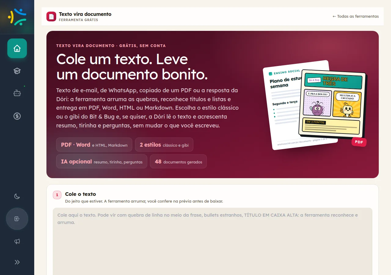 Ferramenta que transforma texto colado em documento para baixar.